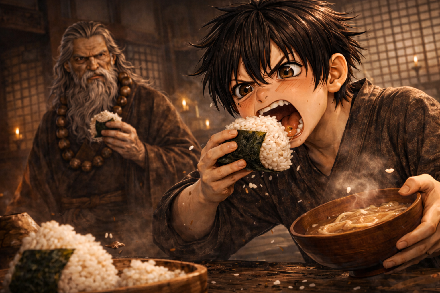 獣の勢いで握り飯にかぶりつく小鬼